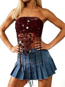 Top de tubo sin tirantes con lentejuelas y borlas para mujer, estilo boho, ideal para fiestas, clubes nocturnos y festivales. - Burdeos - Ver 3