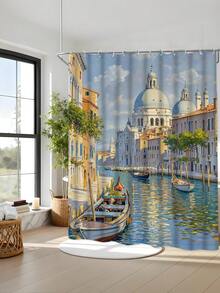 1/4件套迷人威尼斯城市印花浴帘套装，包含浴帘、12个挂钩、防滑垫、U型垫和马桶盖套，加厚防水防霉涤纶面料 - A - 查看 1