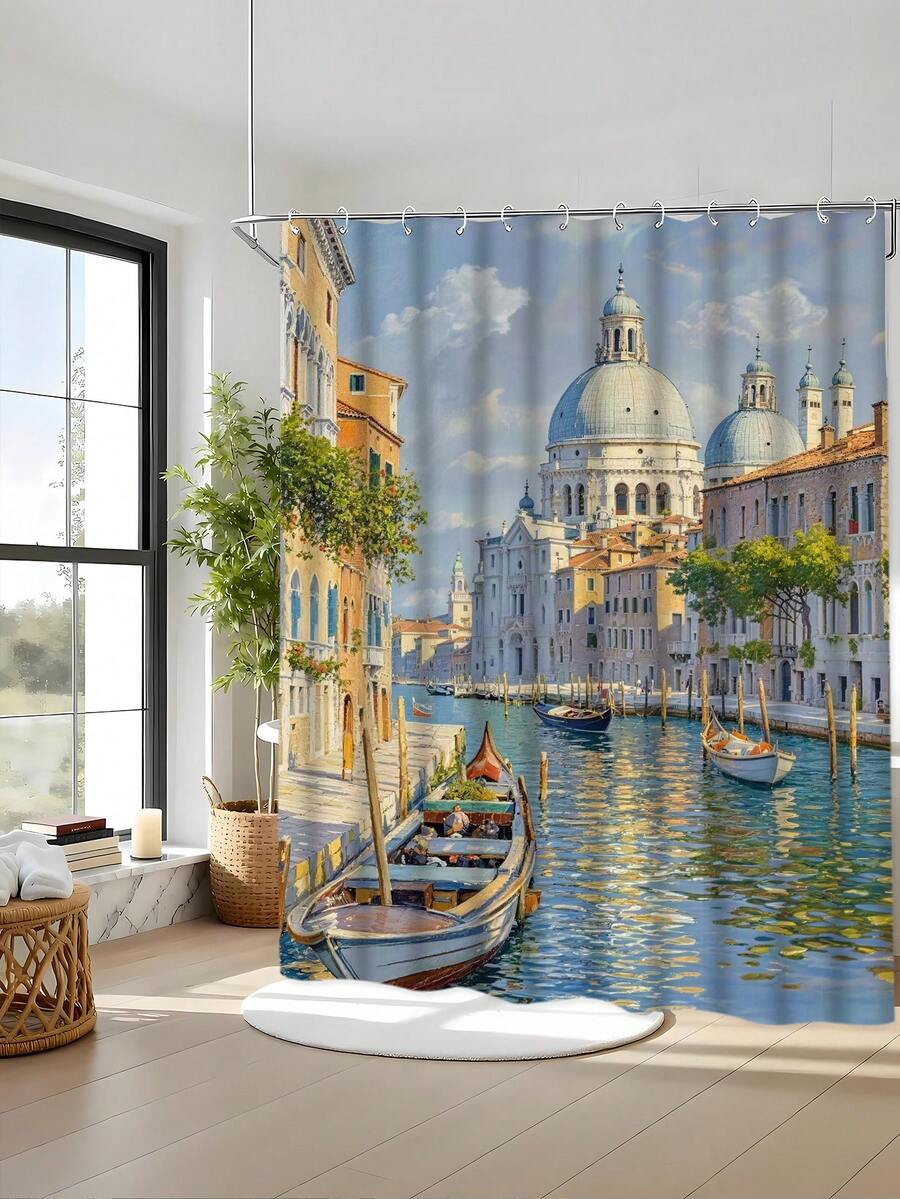 1/4件套迷人威尼斯城市印花浴帘套装，包含浴帘、12个挂钩、防滑垫、U型垫和马桶盖套，加厚防水防霉涤纶面料 - A - 查看 1