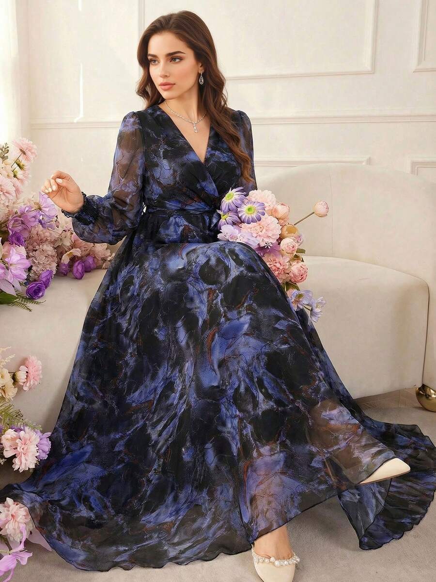 Đầm chữ A tay dài, cổ bẻ xếp lớp, thắt eo, thanh lịch dành cho nữ, được làm từ vải dệt với chi tiết bèo nhún và gấu xòe, thích hợp cho kỳ nghỉ hè. - màu đen - Xem 1