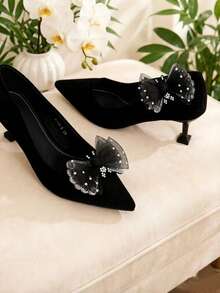 1 par de presilhas de sapato estilo coreano com laço de malha preta e strass, acessórios removíveis para sandálias, saltos e sapatos casuais (sapatos não incluídos). - Preto - Ver 4