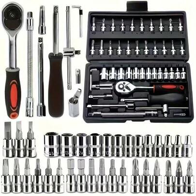46 pezzi Set di strumenti per riparazione auto, include set di chiavi a cricchetto e bussole in acciaio al carbonio, cassetta degli attrezzi, set di utensili in metallo durevole per uso domestico, progettato per meccanici e appassionati, fornisce una gamma completa di strumenti per la riparazione