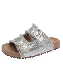 1 Pair Girls' Soft Sole Non-Slip Hook And Loop Strap Sandals, Fashionable Flat Open Toe Comfortable Versatile Outdoor Slippers, Suitable For Summer - Silver - View 8