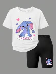 2pcs/Set Girls Loose Short Sleeve Outfit, Cute Angel Decor, Elastic Shorts, Fashionable & Fun Spring/Summer Wear - White - View 2
