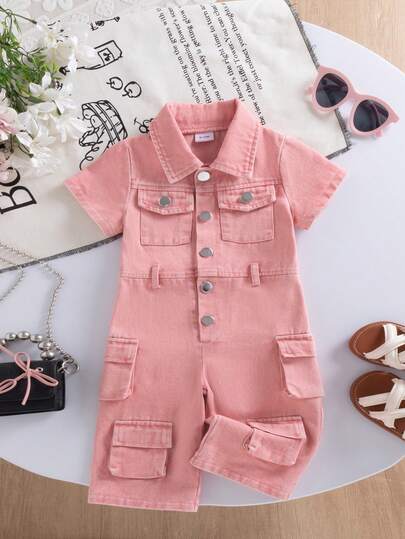 1 pieza Mono y pantalones de verano de moda callejera para niña bebé en color rosa, adecuado para la calle, sesiones de fotos y atuendos escolares