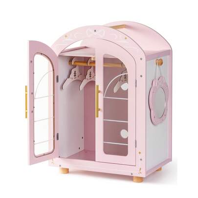  ROBUD Wooden Doll Wardrobe – Adorable Arched Design With Movable Mirror And Hanging Storage, Suitable For 18-Inch Dolls, Role-Playing Furniture Gift For Children Aged 3 And Up