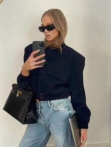 Chaqueta Bomber de Mujer, Chaqueta de Manga Larga y Manga Corta con Botones, Negra. - Negro - Ver 3