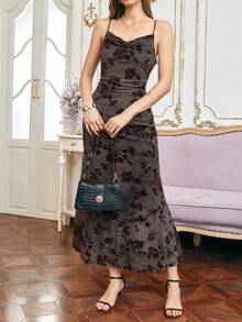 Women's Fashionable Sexy Floral Pattern Plunging Neck Elegant Maxi Dress Wedding Party Red - Red - View 6