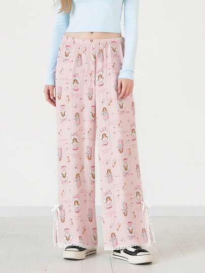 Gongdie 1 قطعة بنطلون بيجامة نسائي مطبوع بطبعات كرتونية، ناعم ومنفذ للهواء 100% قطن