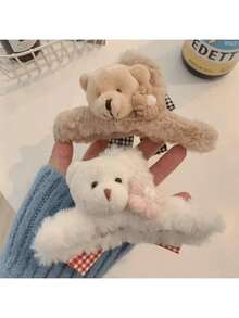 1pc New Adorable Fluffy Teddy Bear Hair Clip Claw Clips Winter Hair Accessories - màu nâu - Xem 9