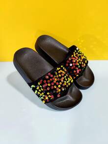 Girls' Glitter Fashion Casual Slippers, Soft & Comfortable Shiny Flat Slides, Suitable For Indoor & Outdoor Wear All Seasons - Black - View 7
