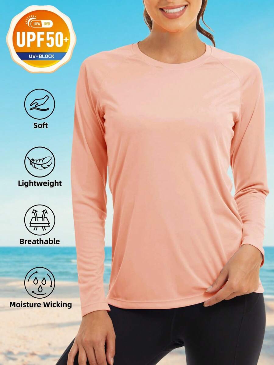 Women's UPF50+ Crew Neck Long Sleeve T-Shirts Quick Dry Sun UV Protection Tee Shirts Breathable Athletic Workout Hiking Tops - 杏色 - 查看 1