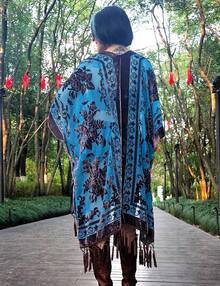 WeHello Women's Boho Burnout Velvet Kimono Long Cover Up With Tassel Casual Cardigan Shawl Flowy Fabric Beachwear Suit Womenswear Clothes Swimwear Coverups SpringStatements - 薄荷藍 - 查看 4