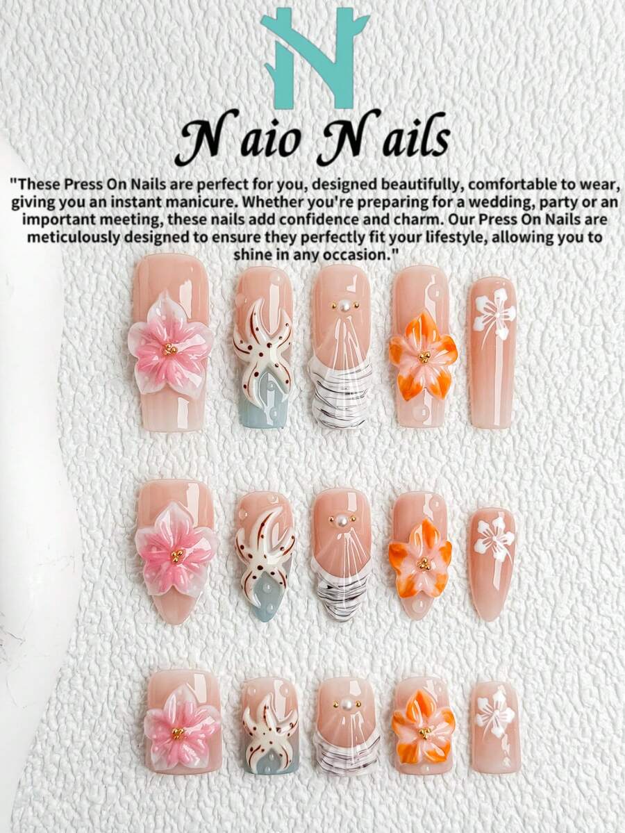 NAIO 10片/套 春夏手工按压式美甲贴片,夏季海滩主题美甲,棺材形/杏仁形/短方形甲片,Y2K 酷炫风格,裸色、粉色、橙色和蓝色,法式边缘,浮雕花朵和海星,花卉和贝壳图案,Gel-X 美甲设计,珍珠和金属装饰,乳霜质地,适合女性和女孩,派对、日常佩戴皆宜,附赠工具包,女士美甲用品、度假美甲的完美礼物,粘贴式假指甲套装,海洋主题礼物 - 彩色 - 查看 1