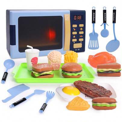2026 Spring & Summer Popular Kids Microwave Toy With Light & Sound, Realistic Toy Kitchen Appliances, Play Kitchen Accessories & Play Food For Toddlers 3+ Years Girls Boys (Blue), Great For Home & Travel Use, Ideal Birthday & Festival Gifts