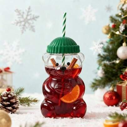 1pc Trending Christmas Bear Glass Cup With Straw, Suitable For Mulled Wine/Hot Drinks, Atmospheric Photo Prop, Transparent 3D Bear Design, Limited Edition Holiday Gift