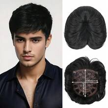 Saisity Men's Short Hair Toupee, 360° Full Coverage, With 3 Clips, Can Cover White Hair, 6 Inch Large Area Coverage, Black 1B - Black - View 2