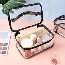 In Stock Transparent Zipper Makeup Bag, Waterproof Handheld Cosmetic Bag For Travel, Business, Bathroom Use, Unisex - Black - View 3