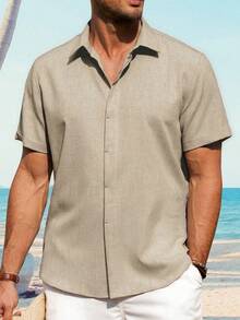Mens Linen Shirt Classic Button Down Shirt Lightweight Casual Short Sleeve Blouse Holiday Summer Tops With Pocket - 卡其色 - 查看 4