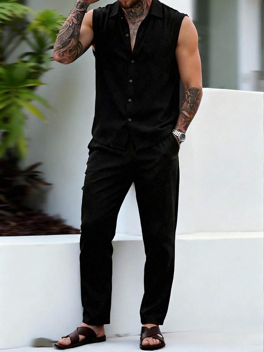Men's Linen Casual Outdoor Vest & Shorts Set, Fashion Leisure Daily ...