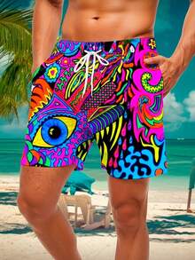 Pantalones cortos casuales de hombre de talla grande con estampado colorido, adecuados para vacaciones y estilo de viaje - Multicolor - Ver 2