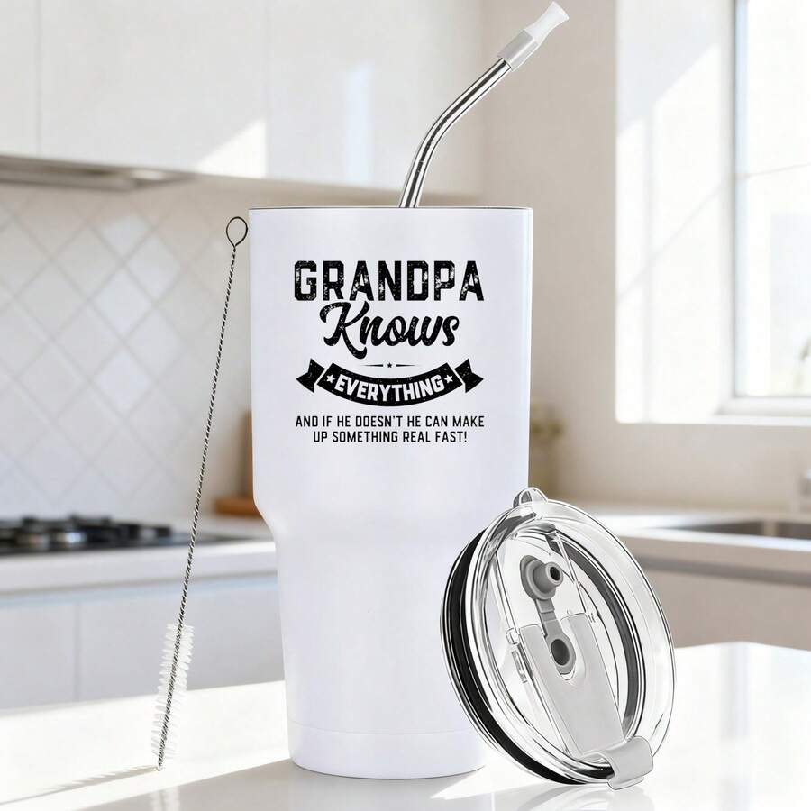 30oz Stainless Steel Tumbler Black White Options,  Grandpa Knows Everything And If He Doesn't He Can Make Up Something Real Fast Graphic Cups, Insulated Travel Coffee Mug With Lid And Straw , Double Wall Vacuum Reusable Travel Cups, Funny Birthday Party Gift For Women & Men - 白色 - 查看 1