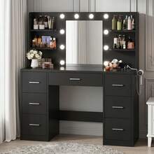 Devoko Large Dressing Table With Adjustable LED Lighting, Mirrored Dressing Table, With 7 Drawers, 4 Open Shelves And 2 Power Outlets, Suitable For Bedrooms, White - View 3