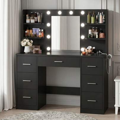 Devoko Large Dressing Table With Adjustable LED Lighting, Mirrored Dressing Table, With 7 Drawers, 4 Open Shelves And 2 Power Outlets, Suitable For Bedrooms, White