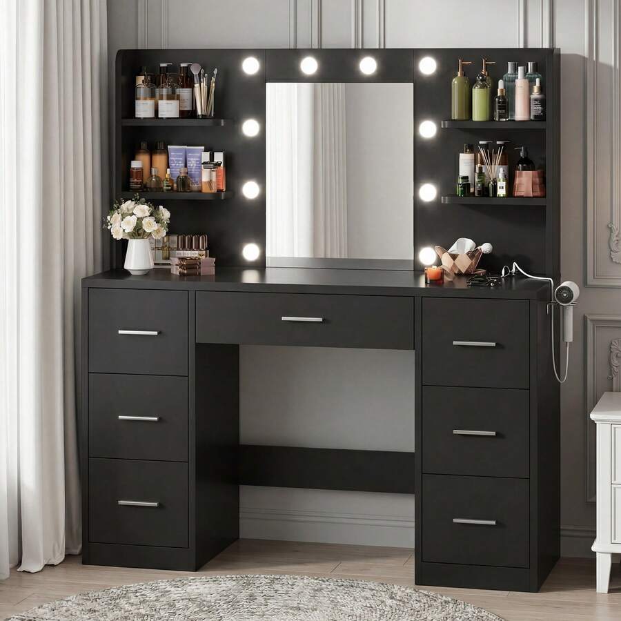 Devoko Large Dressing Table With Adjustable LED Lighting, Mirrored Dressing Table, With 7 Drawers, 4 Open Shelves And 2 Power Outlets, Suitable For Bedrooms, White - Black - View 1