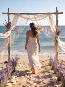 2pcs/Set Coastal Wedding Decorative Fishing Net, White Handwoven Fish Net With Mini Resin Starfish, Bohemian Beach Ceremony Arch Backdrop, Nautical Themed Aisle Runner & Photo Booth Prop, Perfect For Mediterranean & Rustic Outdoor Wedding Decorations - View 4