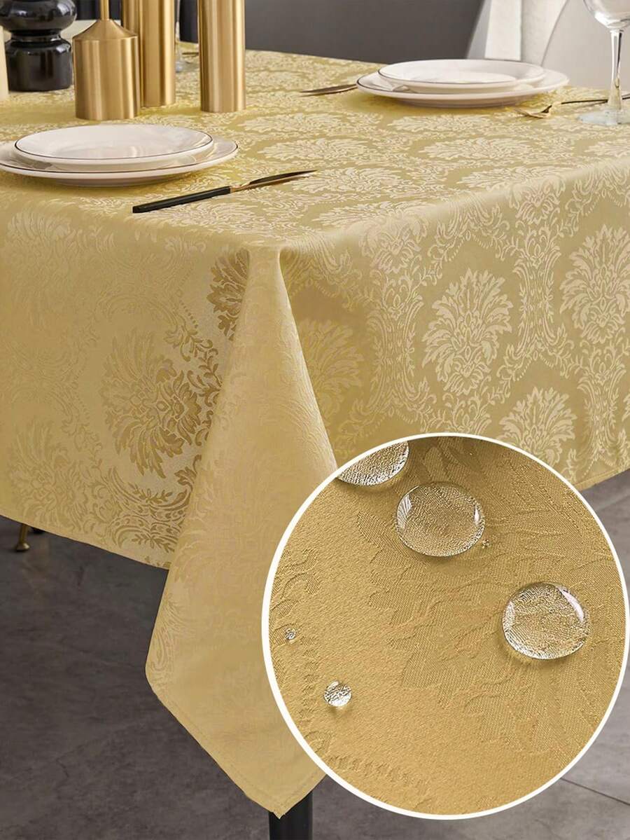 1pc Splash-Proof Rectangular Multi-Size Jacquard Tablecloth, Retro Pattern Luxury Texture Exquisite Jacquard Tablecloth, Washable Polyester Decorative Tablecloth, Suitable For Various Dining Occasions, Holidays Or Formal Events - Yellow - View 1