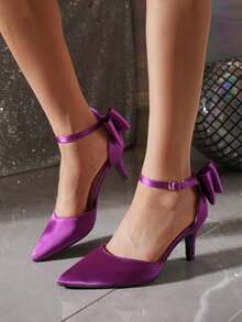 Purple Satin Bow Pointed Toe Ankle Strap High Heel Shoes For Women, Suitable For Spring And Autumn - Purple - View 6