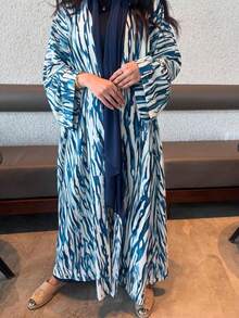 1 Chiếc áo khoác cardigan nữ thanh lịch in họa tiết sóng biển màu xanh dương, kiểu dáng mở phía trước, phù hợp cho các dịp hàng ngày, tụ họp, lễ hội và du lịch. - Màu xanh hải quân - Xem 1