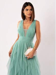 Long Party Dress With Glitter, Cascading Skirt, And V-Neck. - 薄荷綠 - 查看 4