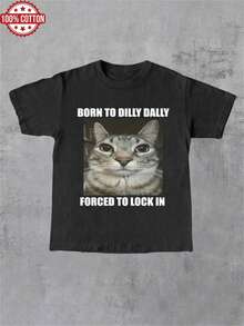 1PC 100% Cotton Born To Dilly Dally Forced To Lock In Cat Graphic Print Womens Short Sleeve TShirt - Black - View 1