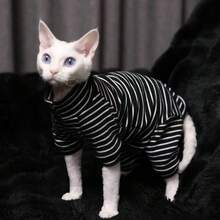 Suéter acanalado de cuatro patas para gatos, capa base cálida para otoño/invierno, cómoda para jugar en interiores, adecuada para gatos sin pelo y Devon Rex, de punto acanalado con alta elasticidad y amigable con la piel - Negro - Ver 15