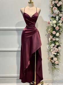 Women's Elegant Spaghetti Strap Asymmetric Ruffle Decor Backless Tie-Up Waist Split Hem Dress, Suitable For Banquet, Party, Wedding Bridesmaid Spring - Burgundy - View 3