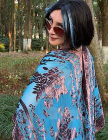 WeHello Women's Boho Burnout Velvet Kimono Long Cover Up With Tassel Casual Cardigan Shawl Flowy Fabric Beachwear Suit Womenswear Clothes Swimwear Coverups SpringStatements - 薄荷藍 - 查看 6