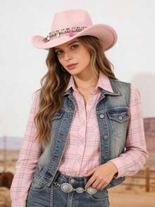 2件套成人粉色毛毡牛仔帽，带流苏帽带和波西米亚风椭圆形金属腰链，适合女性万圣节服装、生日派对、角色扮演和拍照道具 - 帽子+腰鍊 - 查看 2