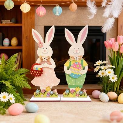 2D Flat, 2pcs Easter Bunny Wooden Decorative Standee - Sweet And Fresh Style, Suitable For Bookshelf/Desktop Decor, Easter Atmosphere Setting, Cozy Home Decor