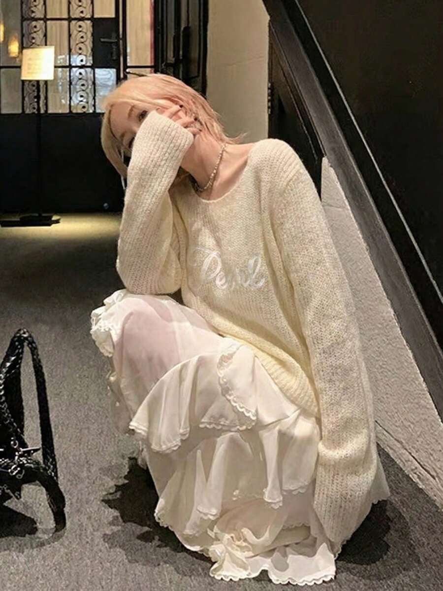 Suéter holgado de punto ligero con bordado de letras, diseño corto y transparente, estilo casual y de moda para primavera/verano - Albaricoque - Ver 1