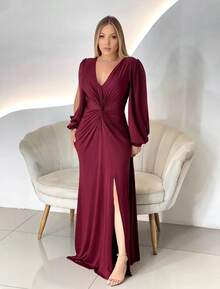 Long Party Dress, Twisted Knit Fabric, V-Neck, Slit, Sleeve With Opening, Formal And Evening, Birthday Party, Wedding Guest - Gỗ đỏ - Xem 1
