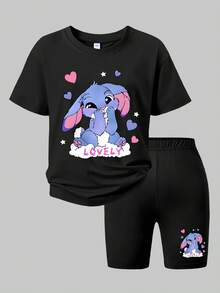 女童两件套宽松短袖套装，可爱天使图案点缀，弹力打底短裤，趣味时尚的青春春夏装 - 黑色 - 查看 2