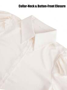 Women's Satin Silk Blouses Dressy Lantern Long Sleeve Shirts Button Down Work Business Casual Tops Vintage Loose Fit Puff Sleeve Blouse Dressy Tops - 杏色 - 查看 8