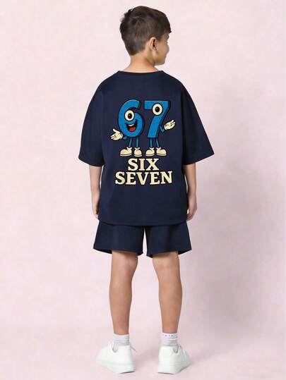 Tween Boy Short Sleeve Fashionable Versatile Letter Print T-Shirt And Shorts Set, Summer