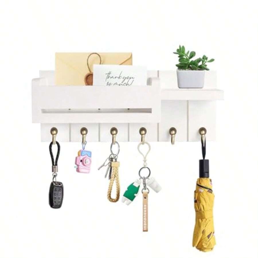 Key Holder For Wall - Key Hooks Wall Mounted With Shelf Wooden Key Rack Letter Holder With 6 Hooks Key Hooks For Home Decor Key Hanger With Coat Hooks Box Key Holders For Entryway Hallway White Fvv - White - View 1