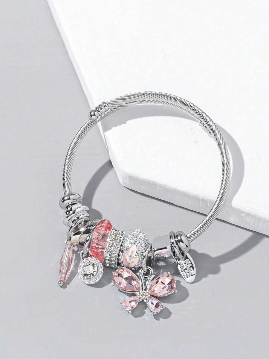 1pc Women's Fashion Elegant Minimalist Crystal Butterfly Pendant Bracelet - Pink - View 1
