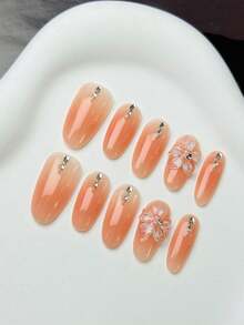 10pcs Middle Oval Fake Nails With Grapefruit Pink Gradient Translucent Base, 3D Clear Flower (Pearl Accent) & Single Rhinestone Design Fresh Vitality Style 100% Handmade Press On Acrylic Nails Reusable Nail Supplies Including 1pc Jelly Glue,1pc Stick And 1pc Nail File For Women's Daily Or Party Wear - Multicolor - View 10