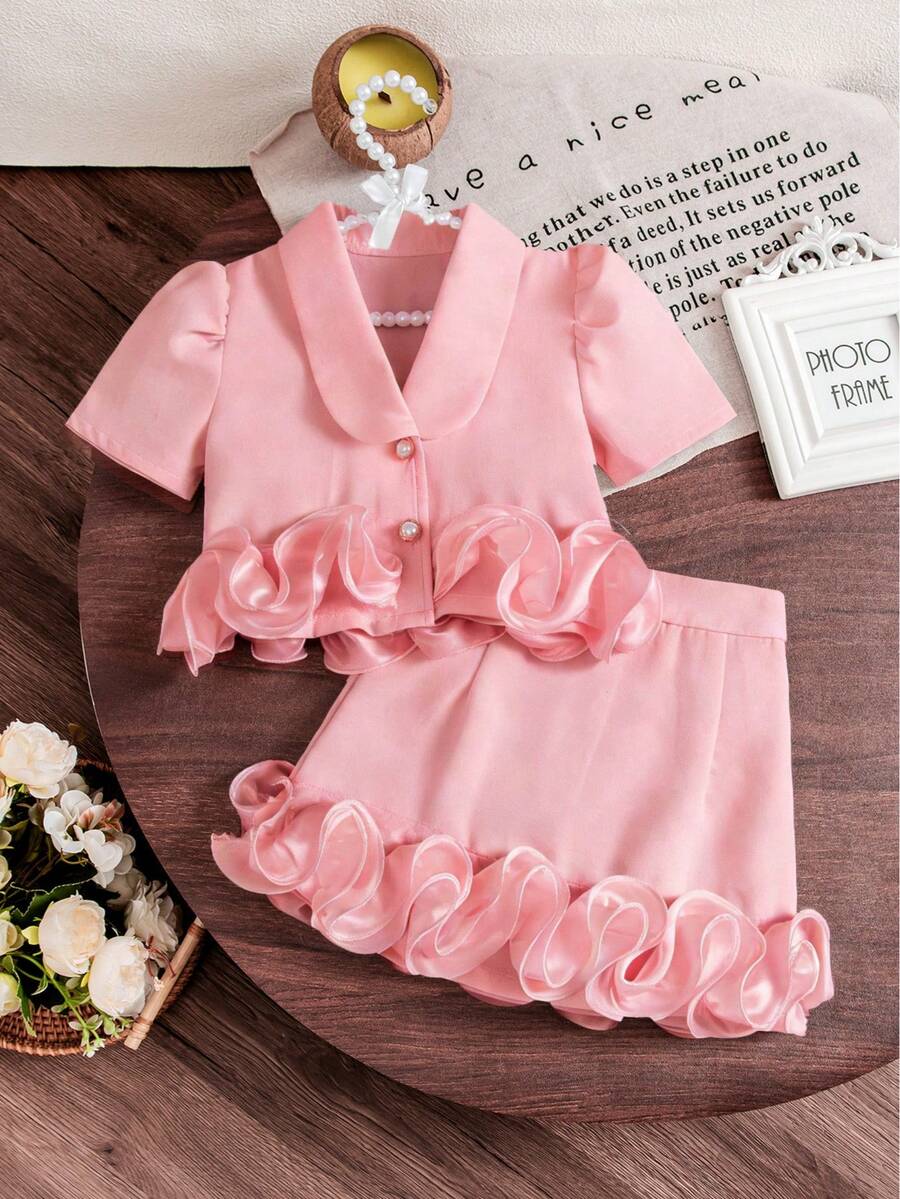 两件套夏季白色套装 | 珍珠泡泡袖上衣 + 缎面荷叶边迷你裙 | 甜美街头风 - 粉色 - 查看 1