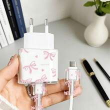 Funda protectora transparente para cargador con lazo rosa y patrón de corazón, adecuada para cargador de 20W con enchufe europeo para evitar roturas - Multicolor - Ver 7